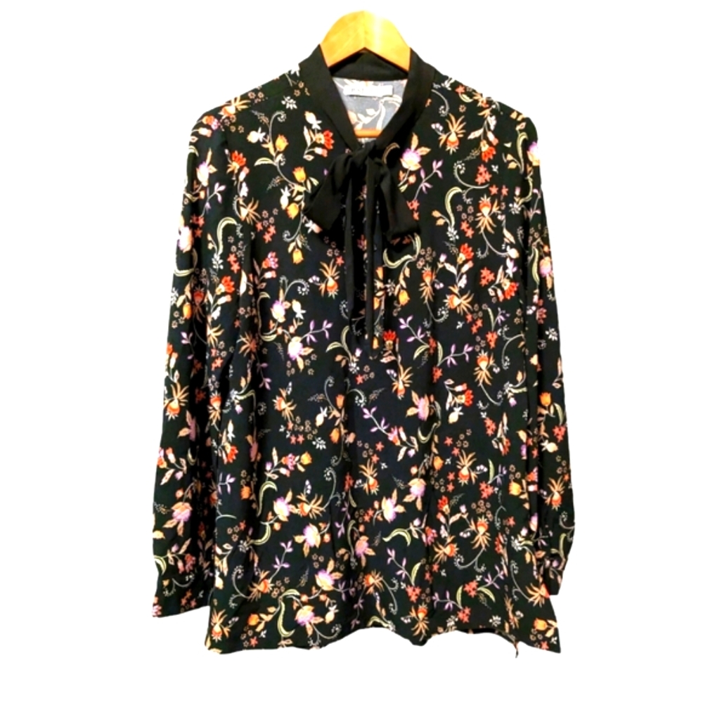 Just Fab Floral Long Sleeve Bouse Bow Tie Neck Sz. Large